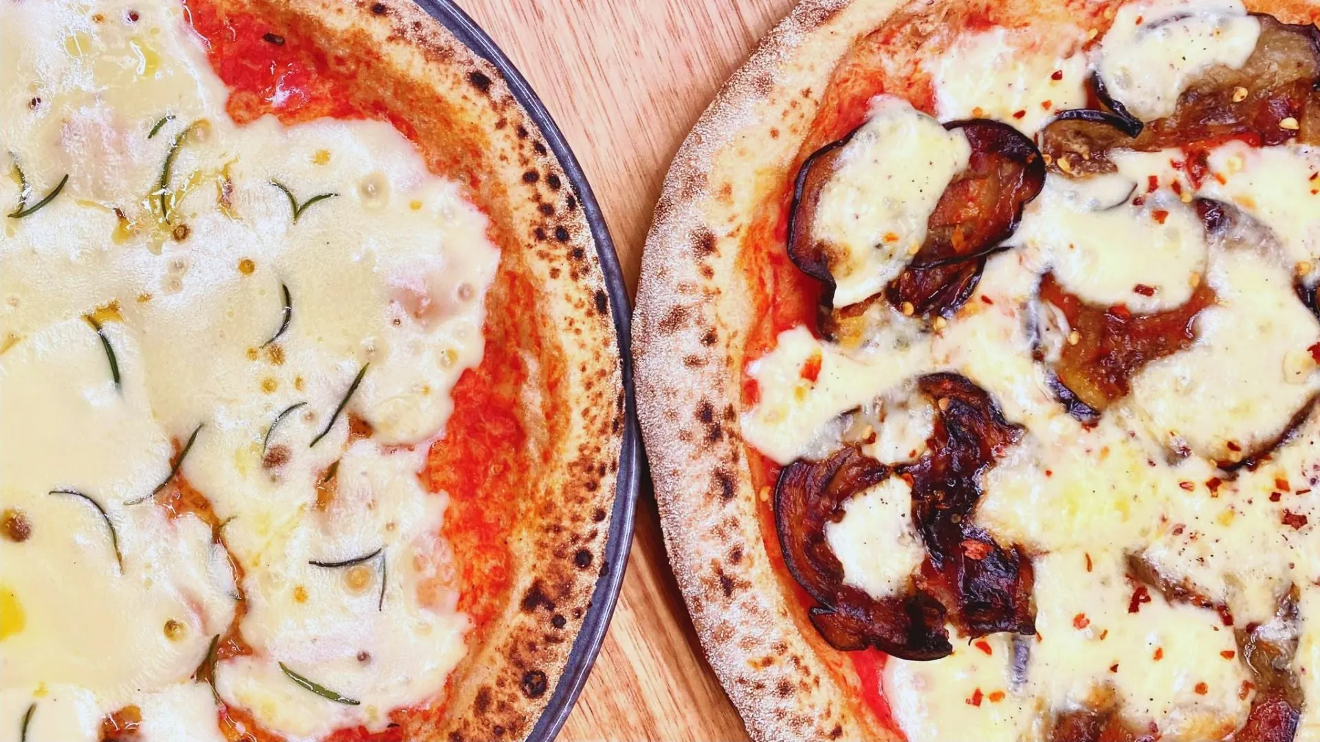 Freshly baked Baseheads pizzas, leopard-charred
